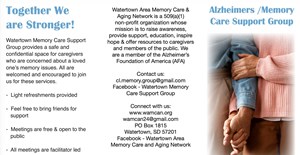 The Watertown Area Memory Support Group offers a safe, welcoming space for caregivers of individuals with memory loss. Our monthly meetings provide an opportunity to learn, share experiences, ask questions, and connect with others who understand the challenges of caregiving.