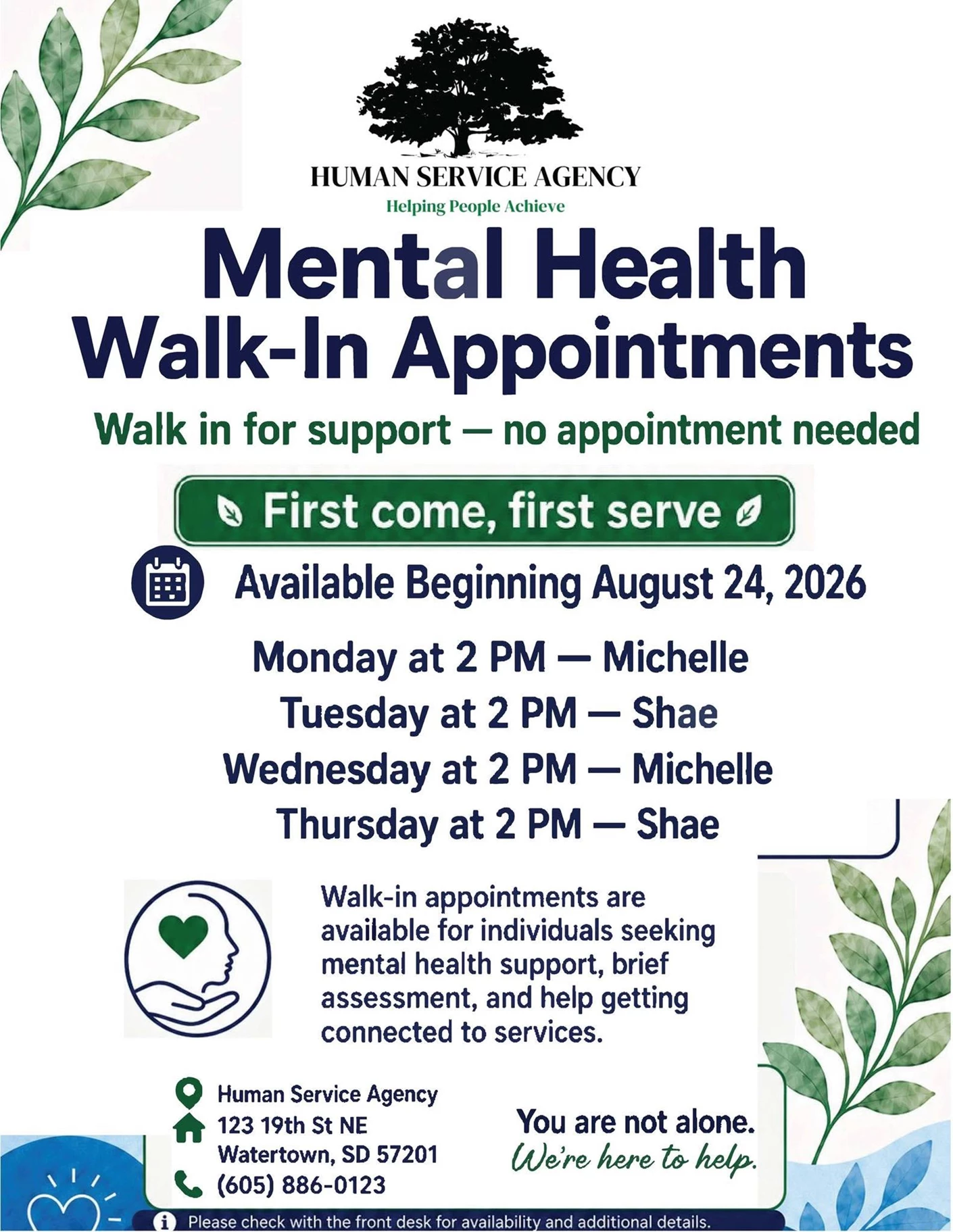 image showing what's happing on HSA Mental Health Walk-In Appointments