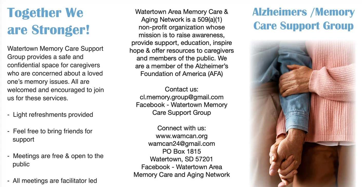 The Watertown Area Memory Support Group offers a safe, welcoming space for caregivers of individuals with memory loss. Our monthly meetings provide an opportunity to learn, share experiences, ask questions, and connect with others who understand the challenges of caregiving.