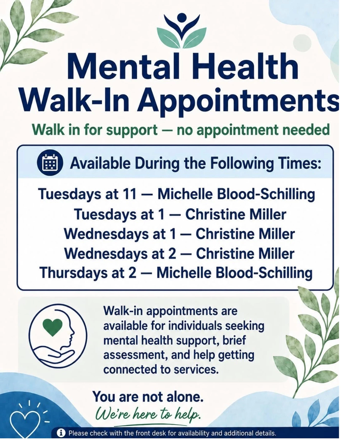 image showing what's happing on HSA Mental Health Walk-In Appointments